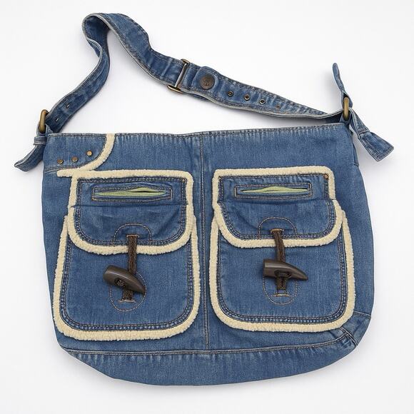 Vintage GAP Denim Shoulder Bag Sherpa Trim Toggle Pockets Y2K 2000s Jean Purse - Picture 1 of 16